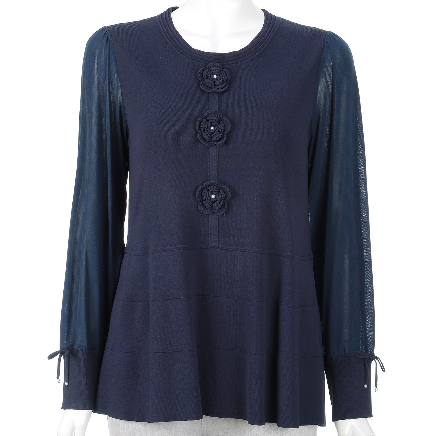 Super Beauty かぎ針花モチーフ付袖パワーネット素材セーター - 画像13