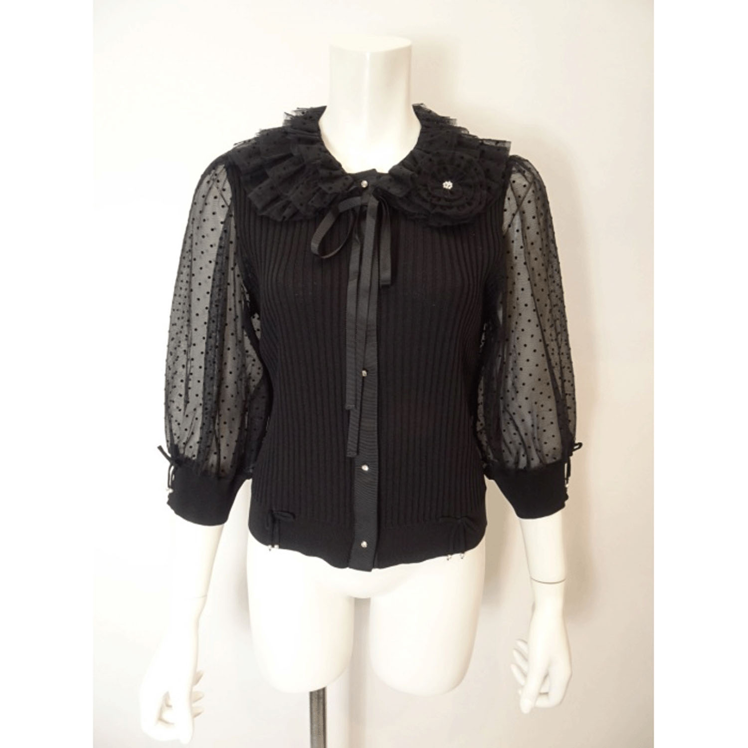 Super Beauty ドット柄袖＆衿のリブ編みニットカーディガン（衿着脱可） - 画像2