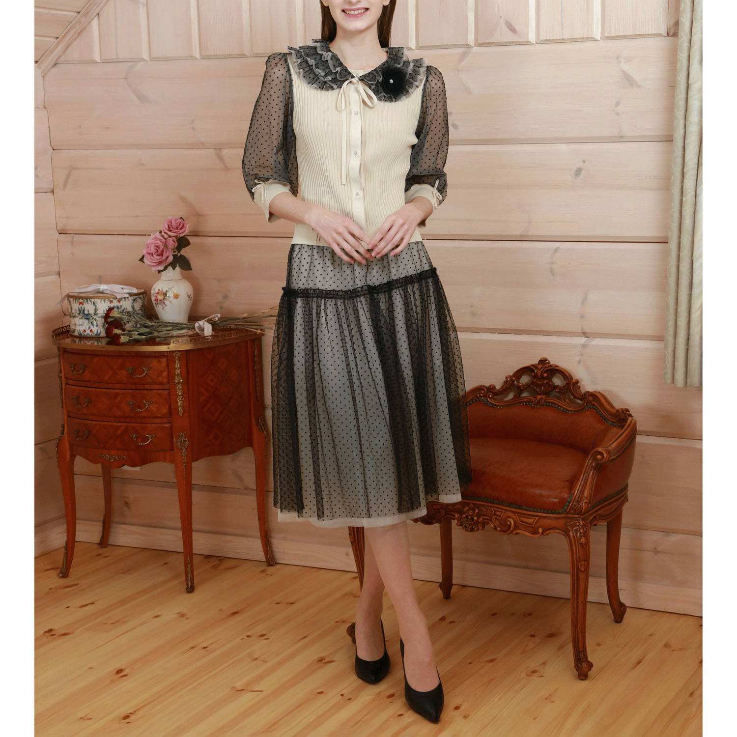 【3月中旬入荷予定】Super Beauty ドット柄袖＆衿のリブ編みニットカーディガン（衿着脱可） - 画像12