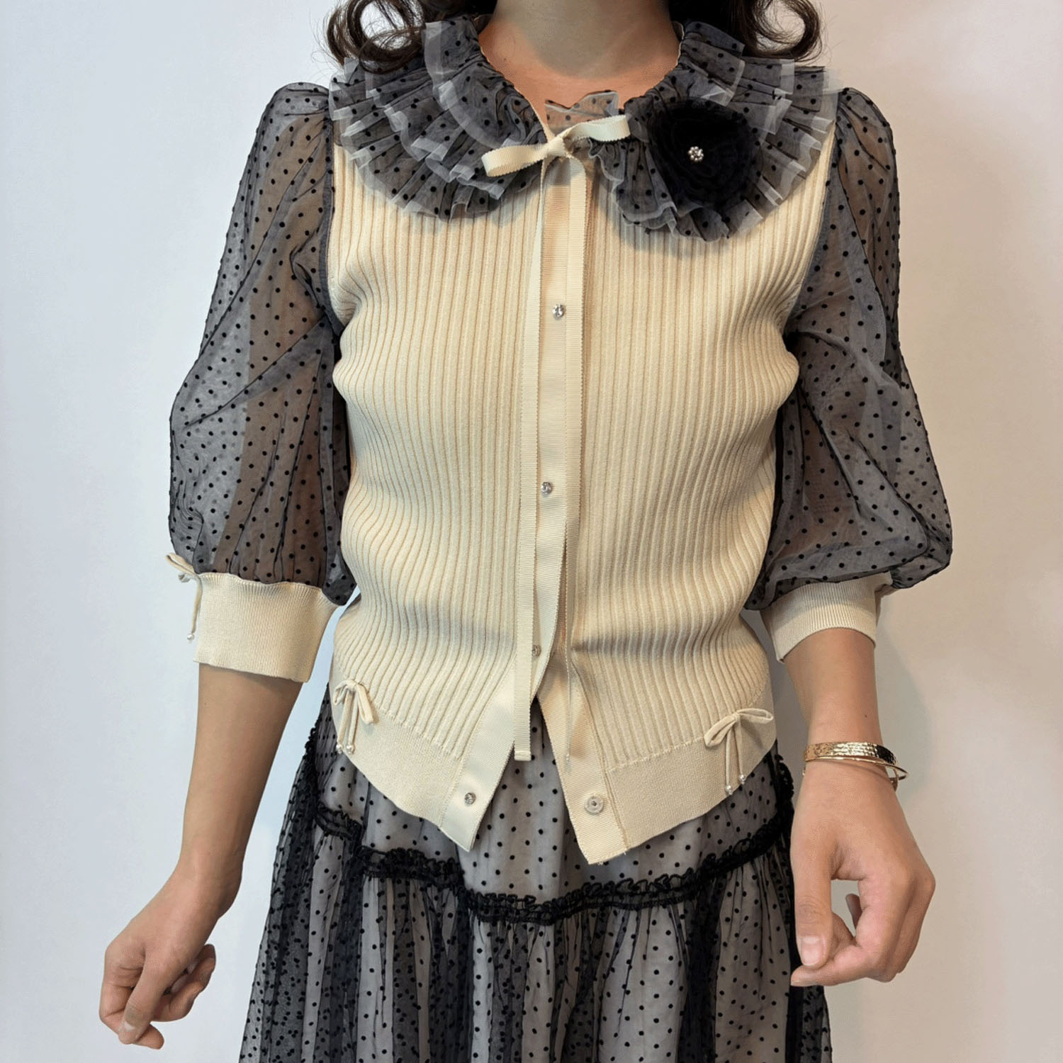 Super Beauty ドット柄袖＆衿のリブ編みニットカーディガン（衿着脱可） - 画像14
