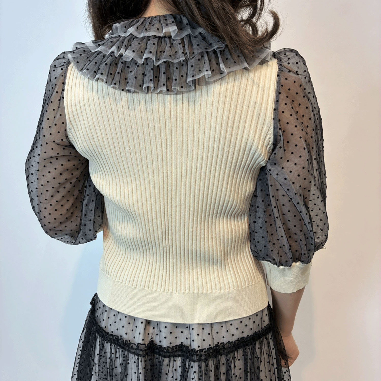 Super Beauty ドット柄袖＆衿のリブ編みニットカーディガン（衿着脱可） - 画像15