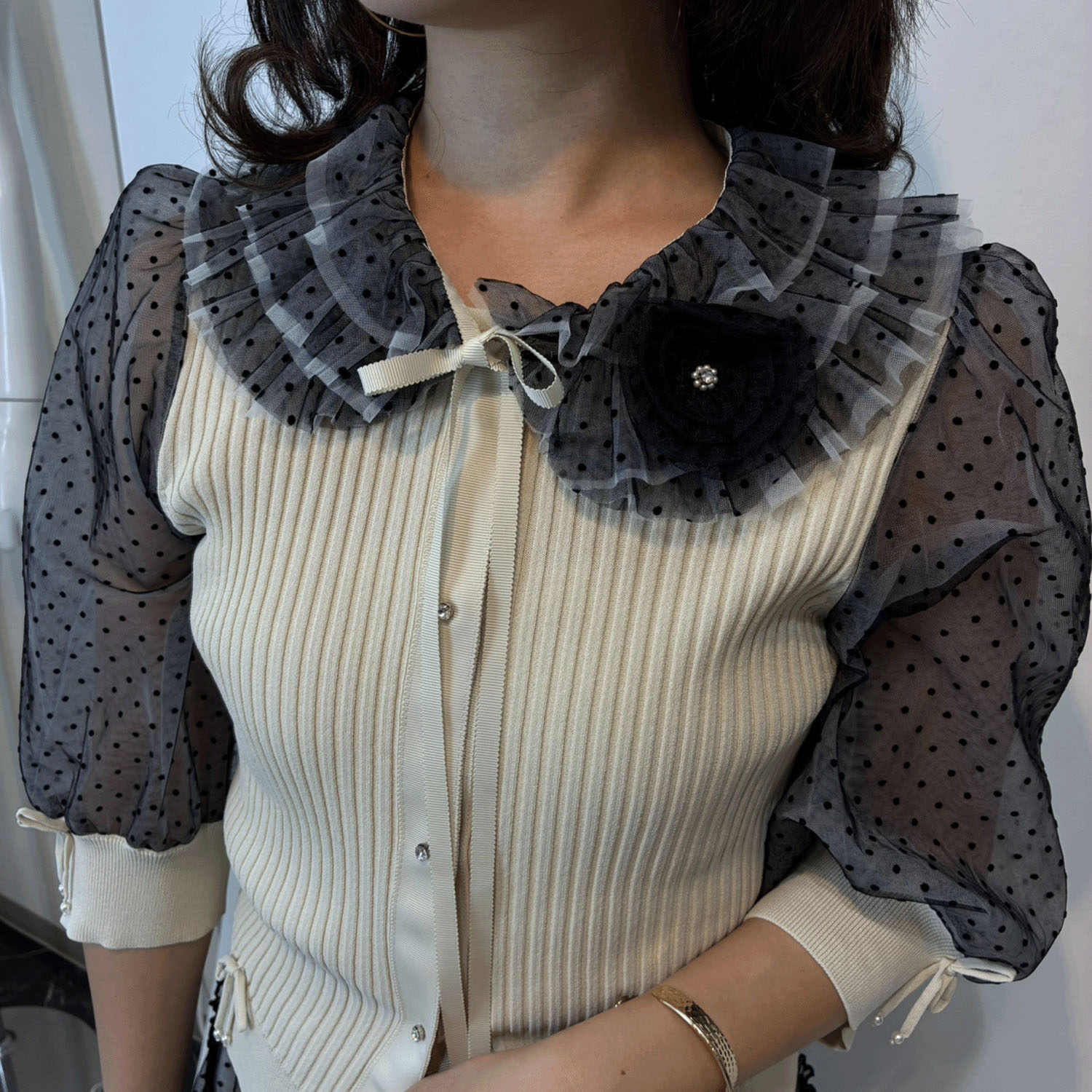 Super Beauty ドット柄袖＆衿のリブ編みニットカーディガン（衿着脱可） - 画像16