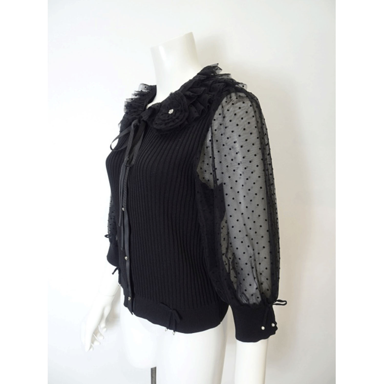 Super Beauty ドット柄袖＆衿のリブ編みニットカーディガン（衿着脱可） - 画像3