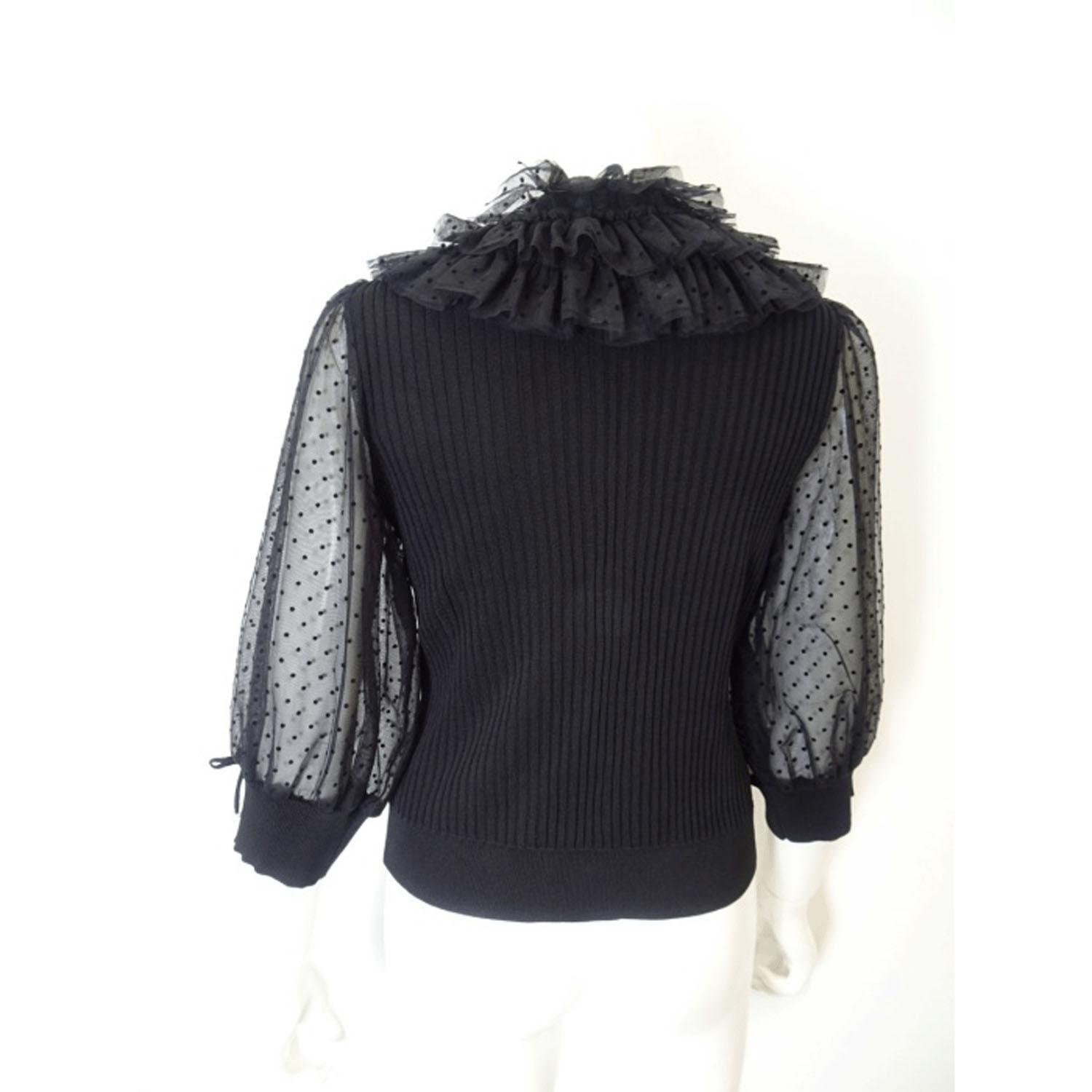 Super Beauty ドット柄袖＆衿のリブ編みニットカーディガン（衿着脱可） - 画像4