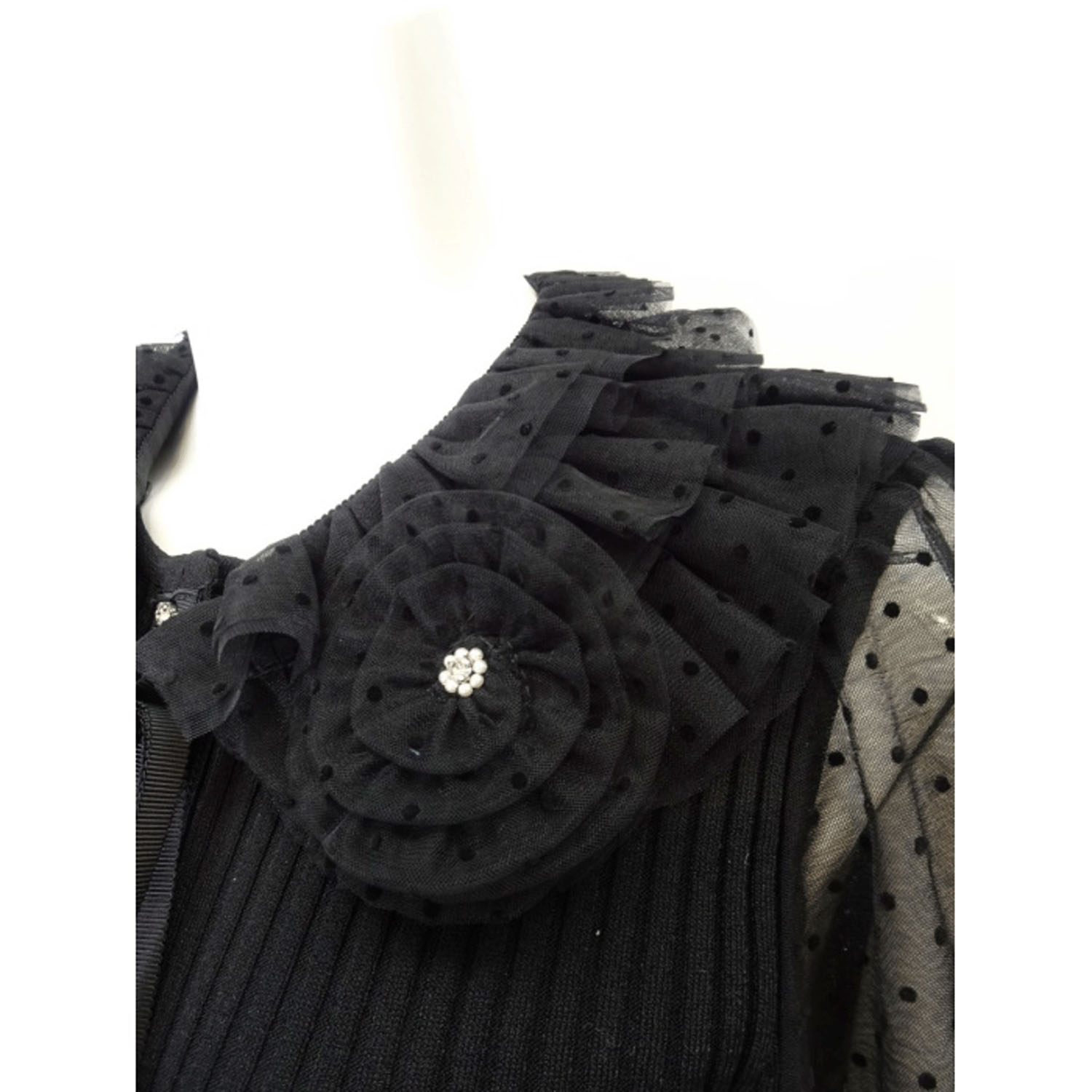 Super Beauty ドット柄袖＆衿のリブ編みニットカーディガン（衿着脱可） - 画像5