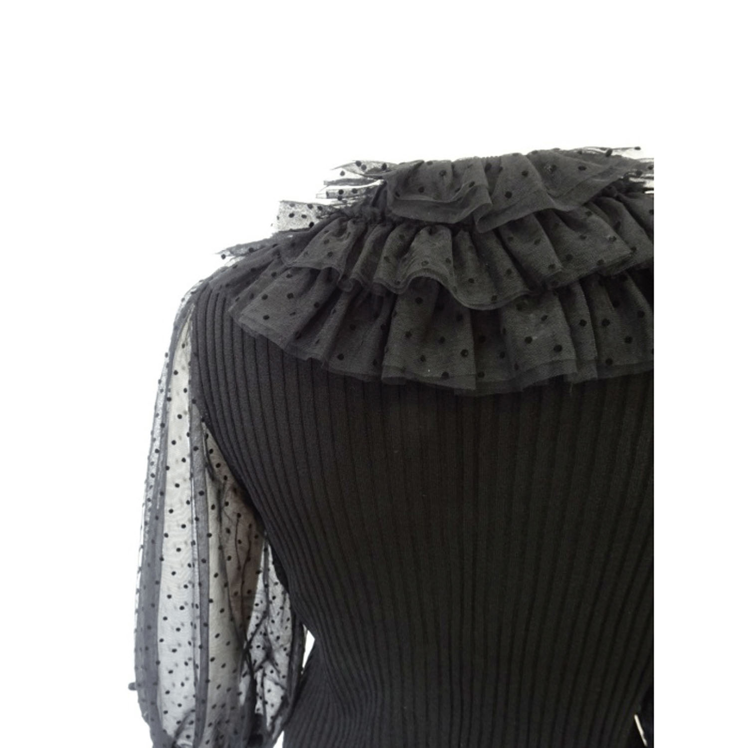 Super Beauty ドット柄袖＆衿のリブ編みニットカーディガン（衿着脱可） - 画像6