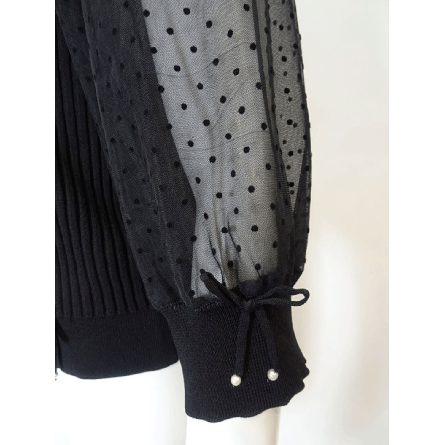 Super Beauty ドット柄袖＆衿のリブ編みニットカーディガン（衿着脱可） - 画像7