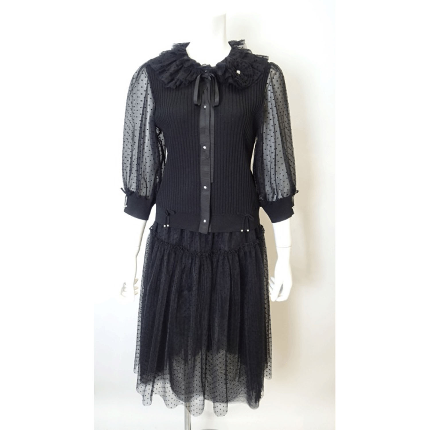 Super Beauty ドット柄袖＆衿のリブ編みニットカーディガン（衿着脱可） - 画像10