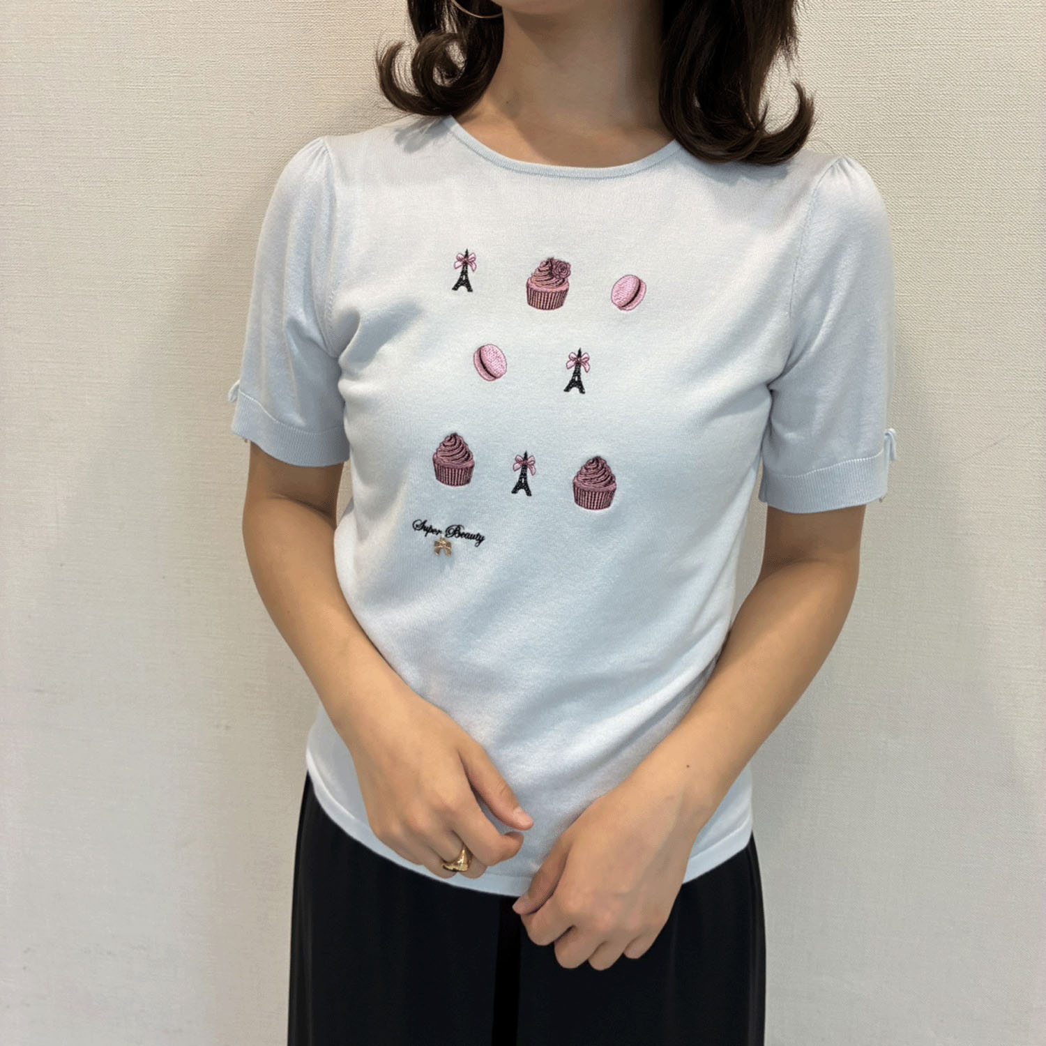 【Insta Live】Super Beauty スイーツ刺しゅう半袖セーター - 画像1