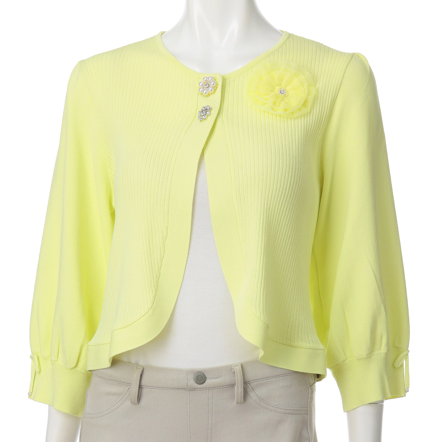 【4月初旬入荷予定】Super Beauty ジュエルボタン付きふんわりギャザー袖ニットボレロ - 画像5