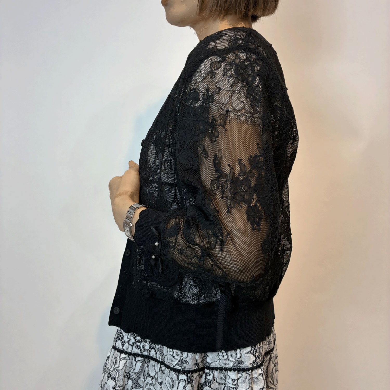【4月上旬入荷予定】Super Beauty 透かしレース編みVネックニットカーディガン - 画像8