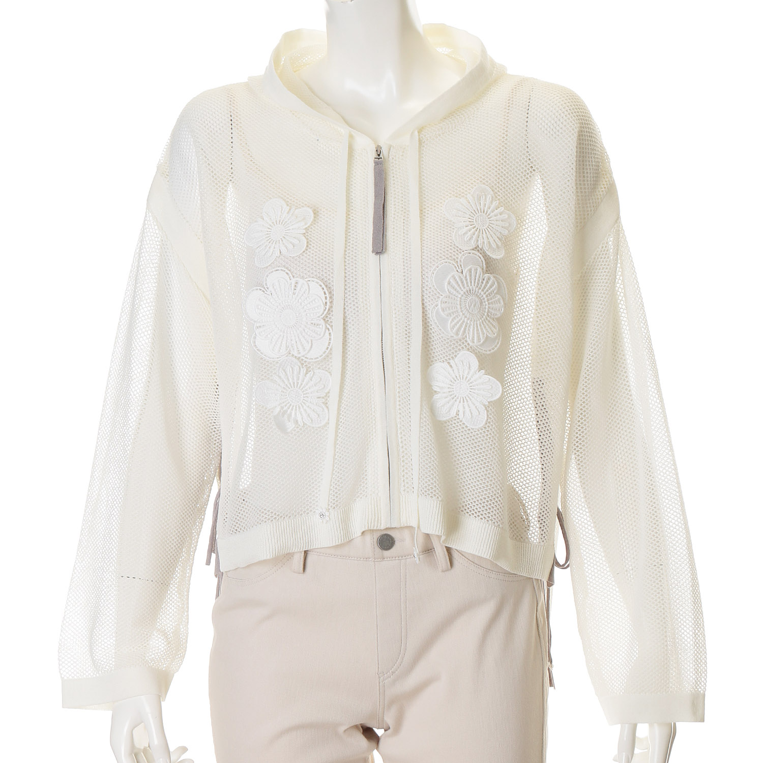Super Beauty 花モチーフ付透かし編みニットパーカー