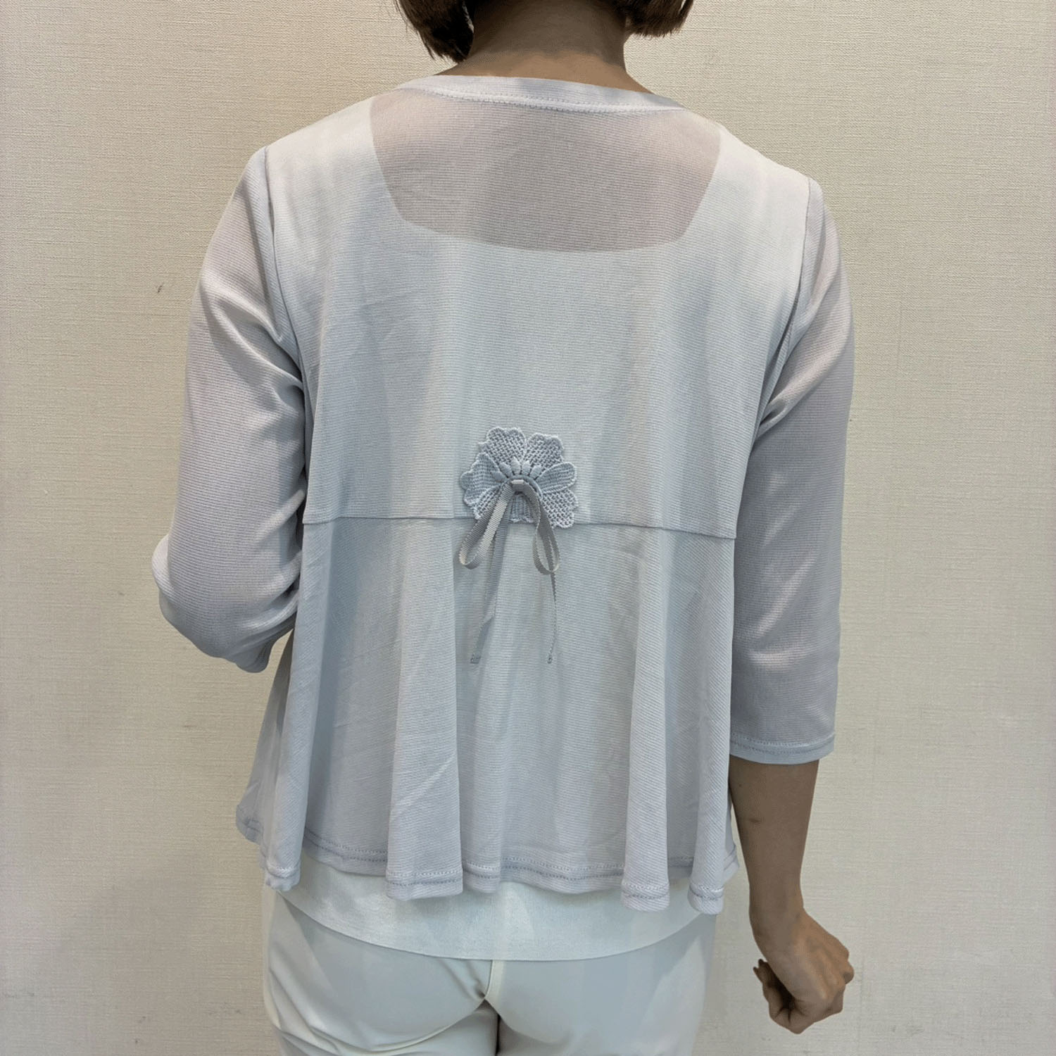 Super Beauty ギャザーデザイン ノーカラーパワーネット素材カーディガン - 画像5