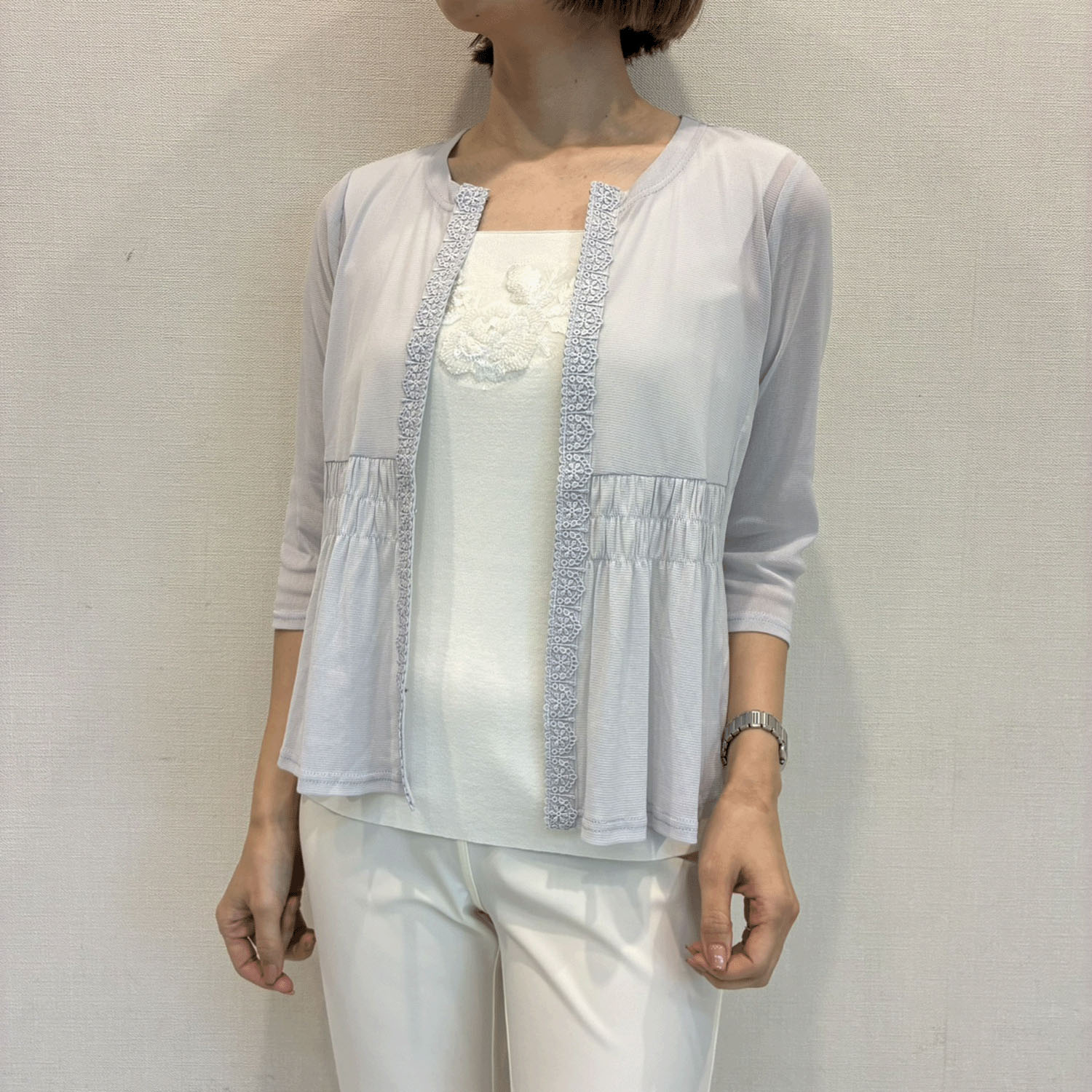 Super Beauty ギャザーデザイン ノーカラーパワーネット素材カーディガン