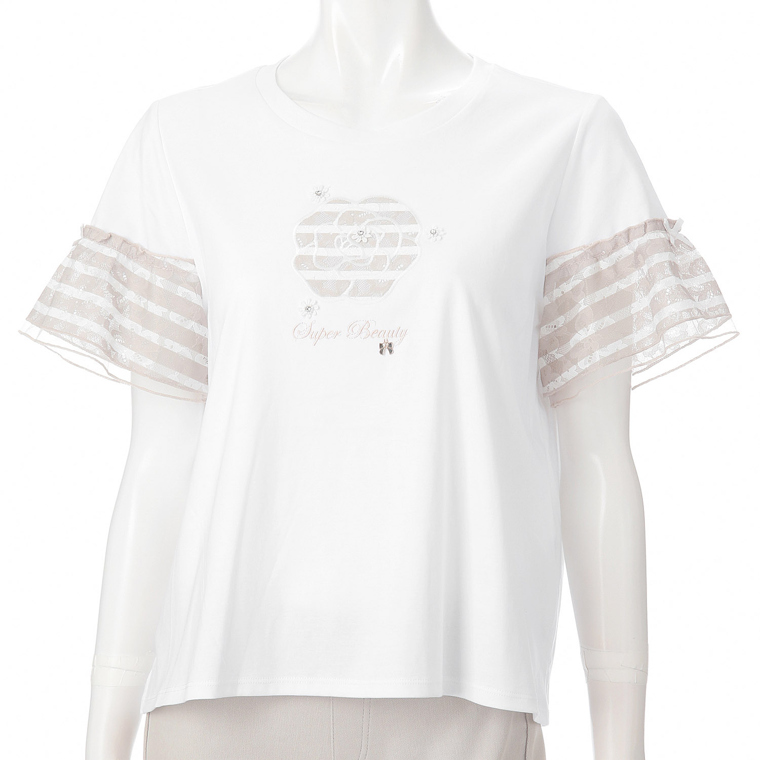 【3月下旬入荷予定】Super Beauty 胸元花刺しゅう袖ボーダー柄フリルTシャツ - 画像13