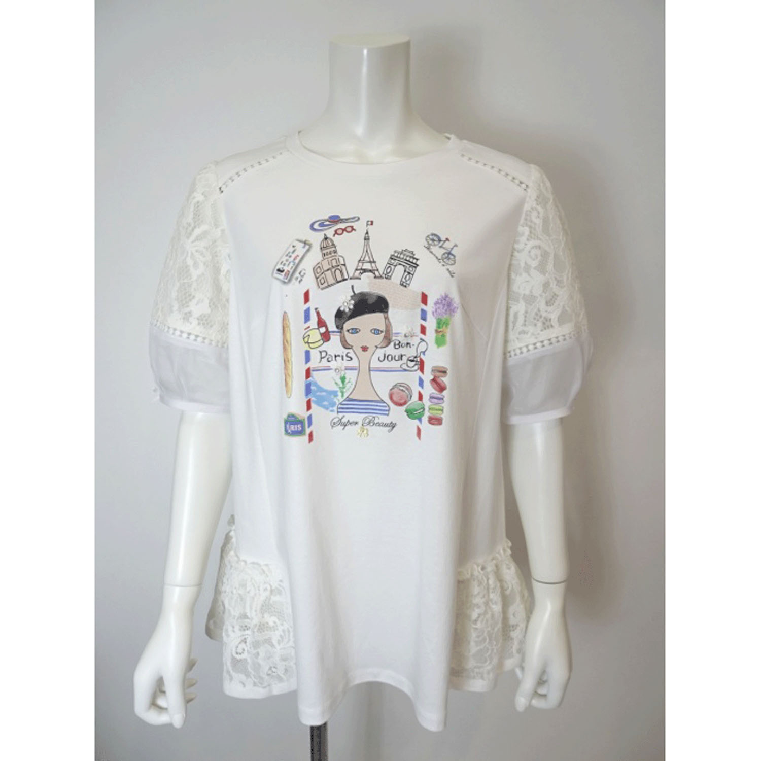 【4月中旬入荷予定】Super Beauty 胸元Parisモチーフプリント レース切替×パフ袖ロングTシャツ - 画像11