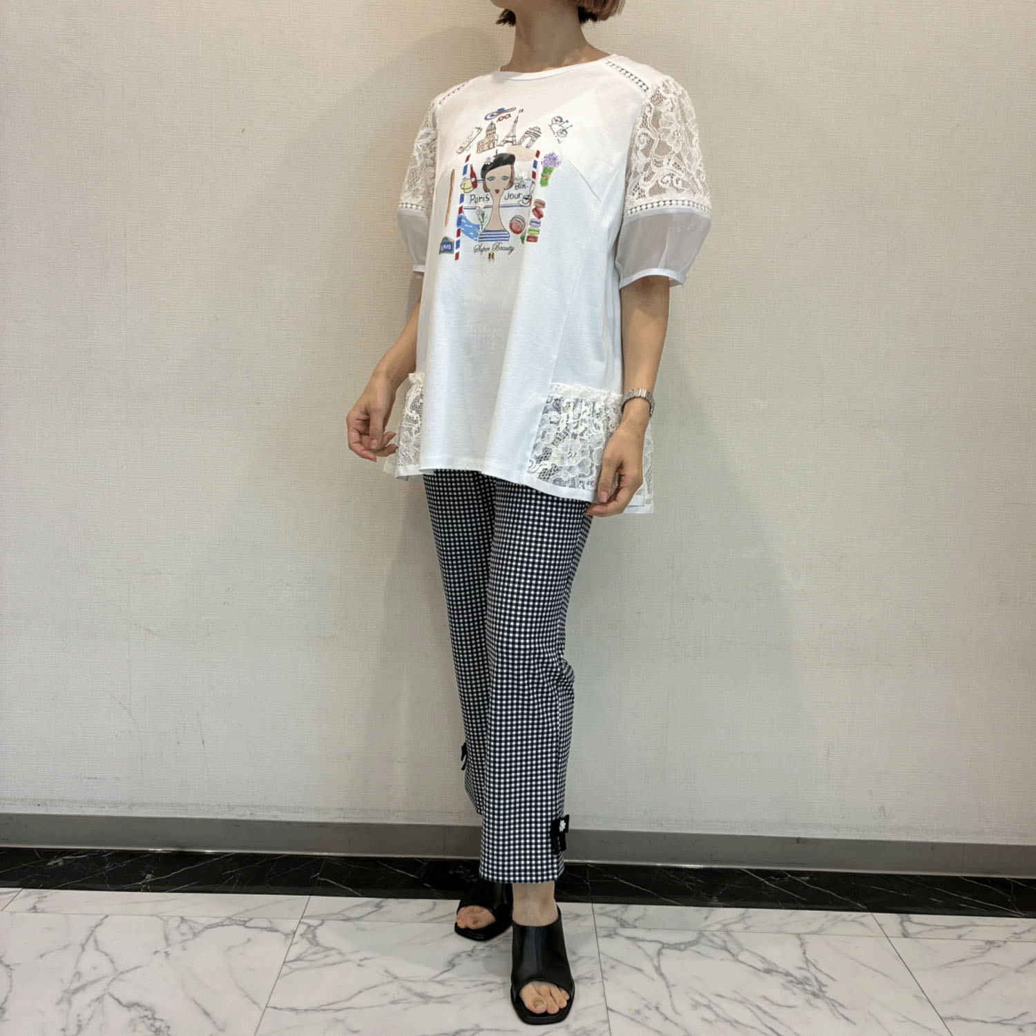 【4月中旬入荷予定】Super Beauty 胸元Parisモチーフプリント レース切替×パフ袖ロングTシャツ - 画像8