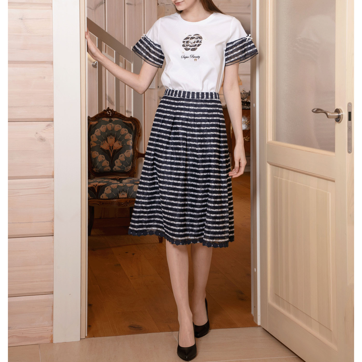 【4月初旬入荷予定】Super Beauty ボーダー柄プリントレース素材スカート - 画像6