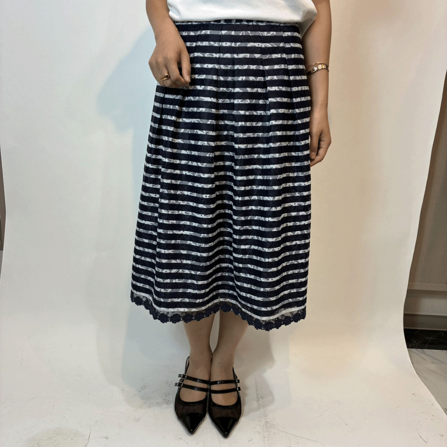 【4月初旬入荷予定】Super Beauty ボーダー柄プリントレース素材スカート - 画像7