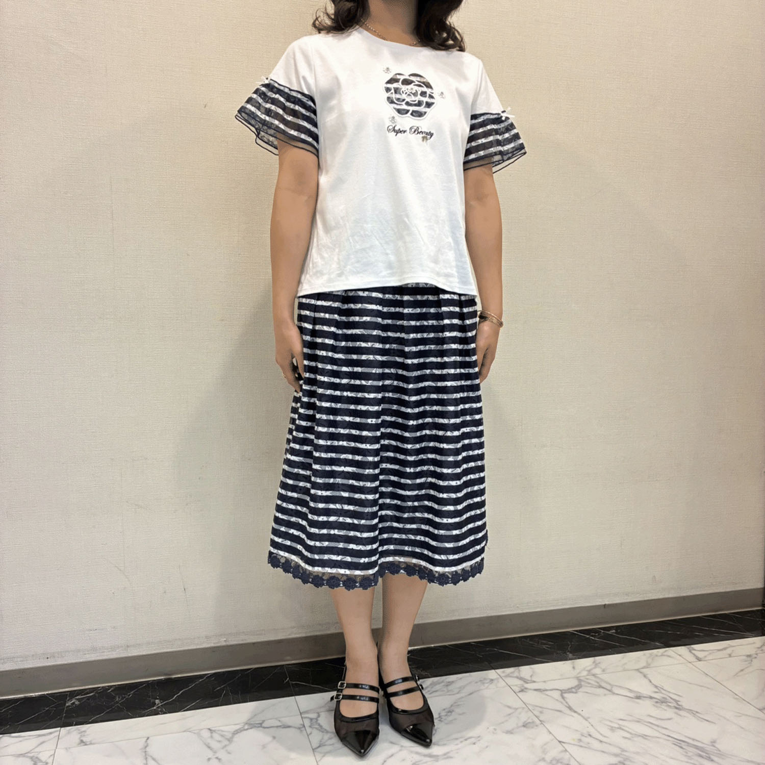 【4月初旬入荷予定】Super Beauty ボーダー柄プリントレース素材スカート - 画像10
