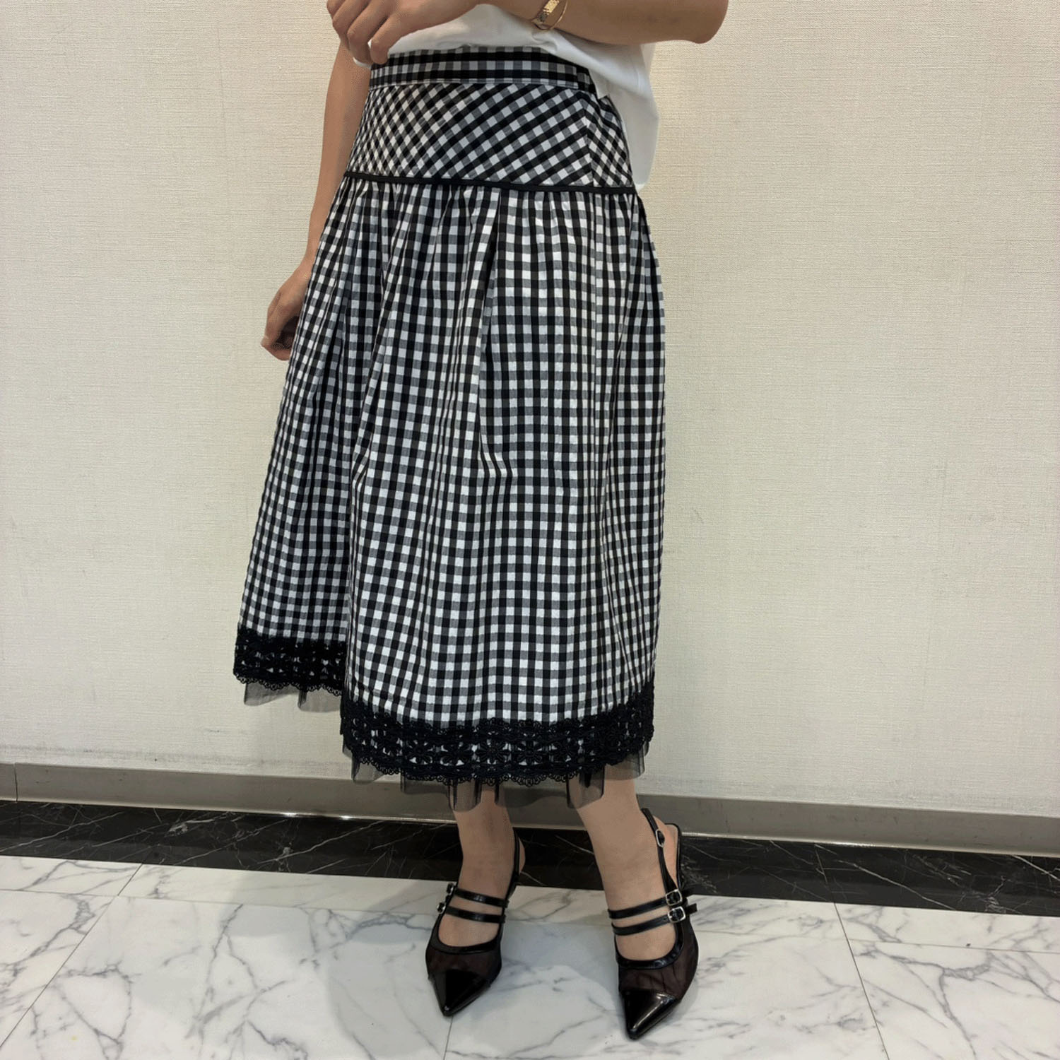 Super Beauty ギンガムチェック 裾レースタックデザインスカート - 画像2
