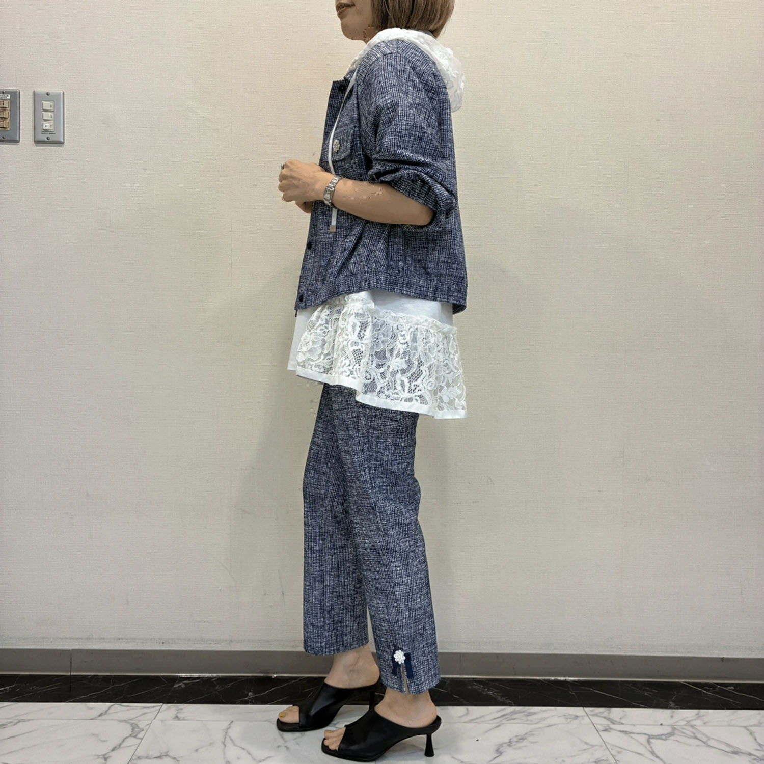 Super Beauty リボン×花モチーフ付サイドスリットチェック柄パンツ - 画像7