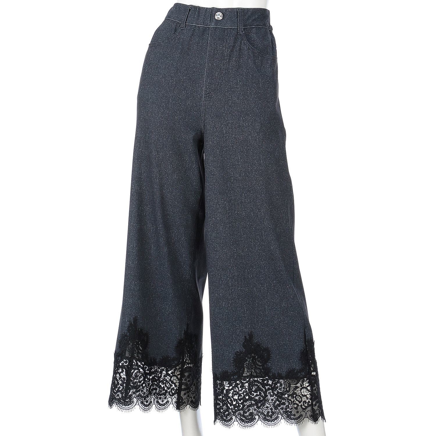 Super Beauty 裾レースデザインデニム風ストレッチパンツ - 画像2