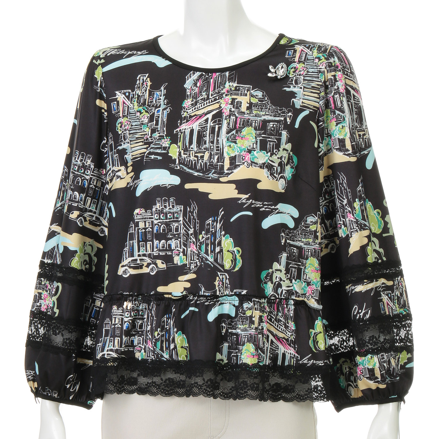 Super Beauty 街並み風景プリントパフスリーブカットソー - 画像2