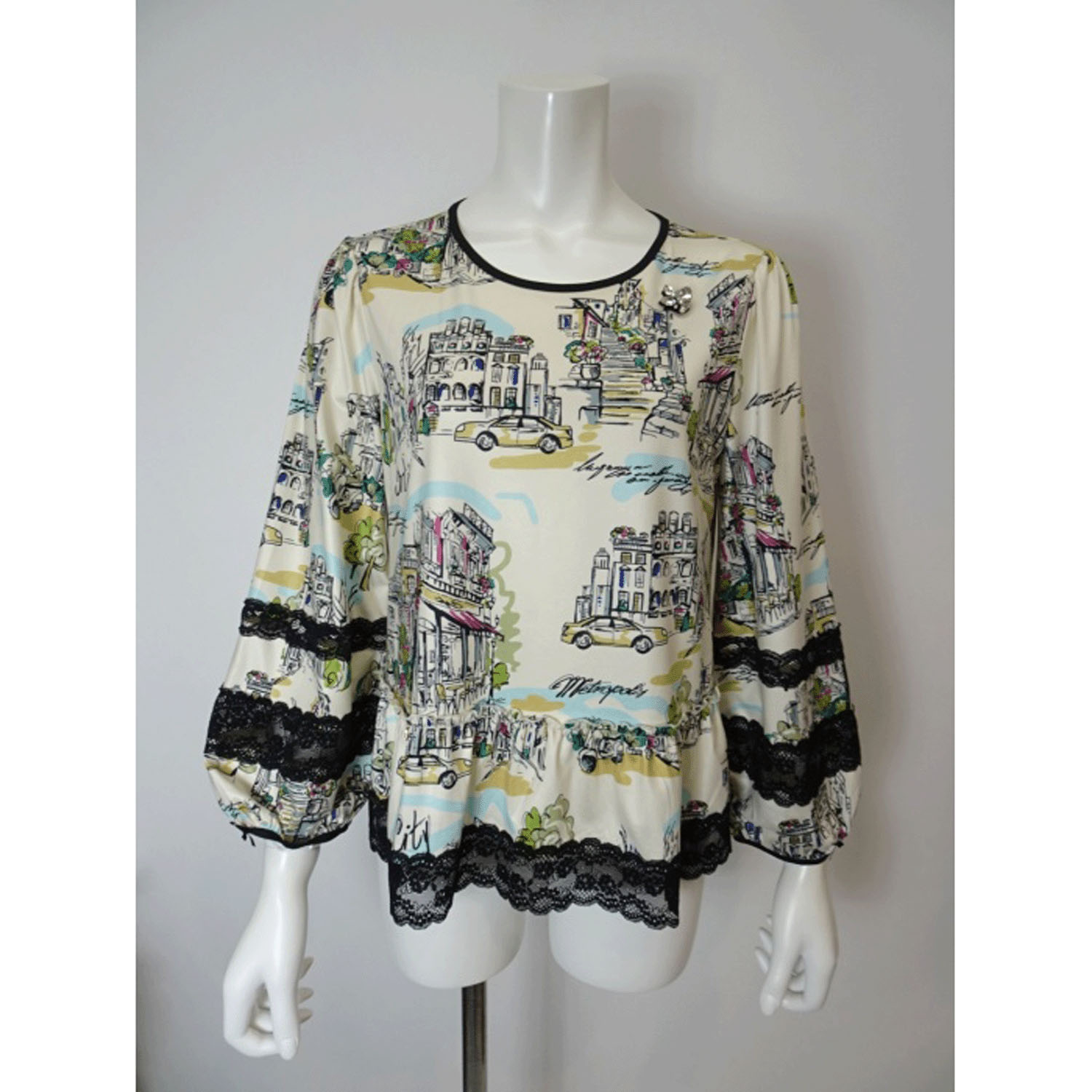 Super Beauty 街並み風景プリントパフスリーブカットソー - 画像9