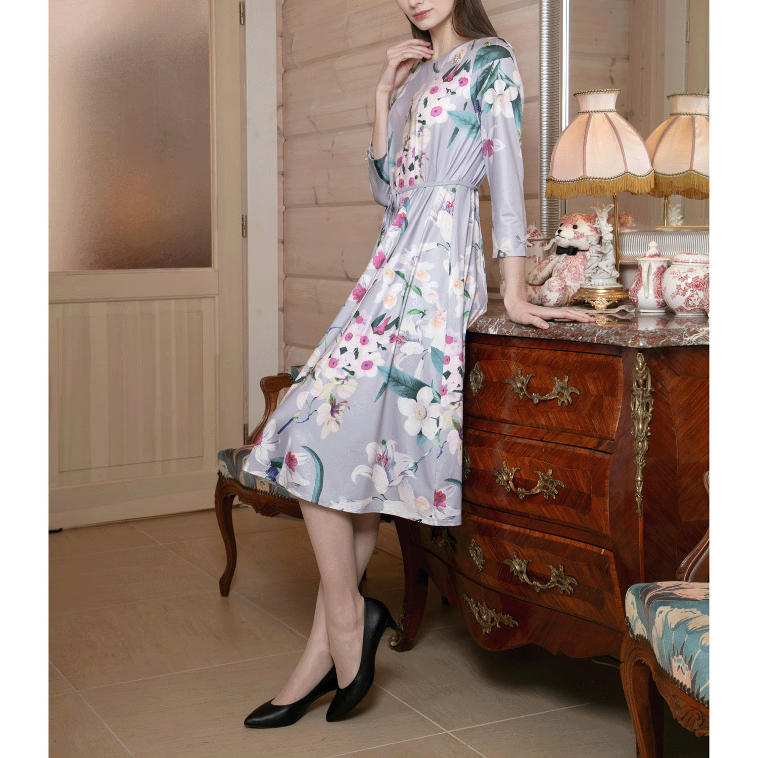 Super Beauty 大花プリント七分袖ワンピース - 画像2