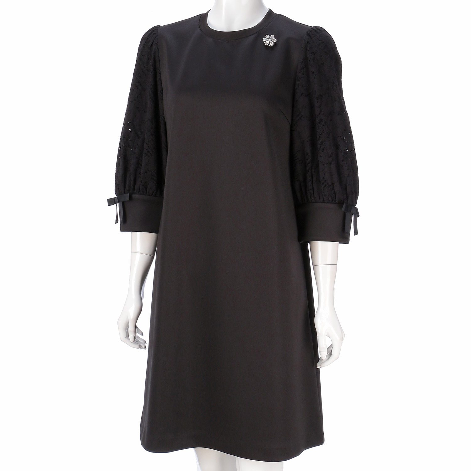 Super Beauty 袖レース使いダンボールニット素材七分袖ワンピース