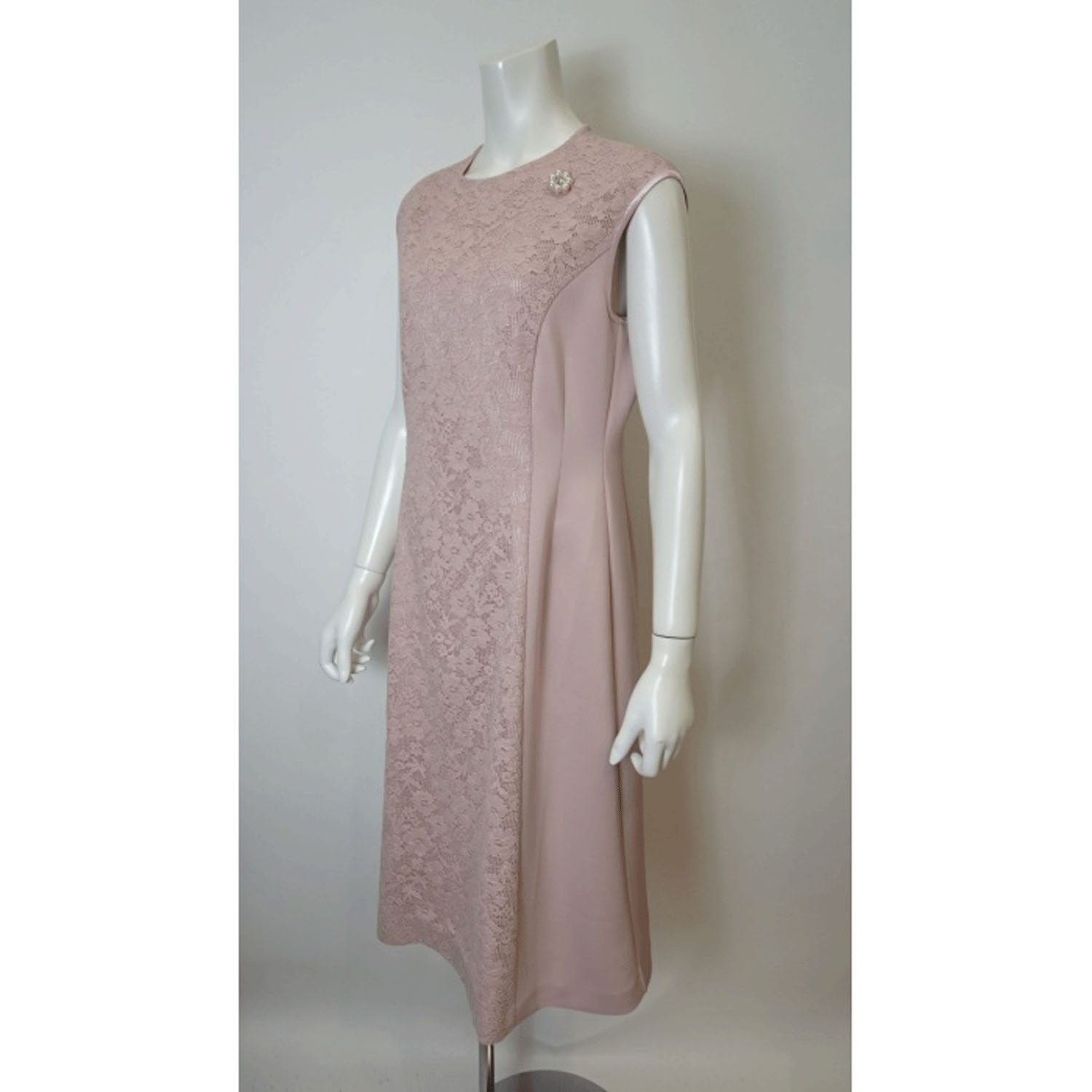 Super Beauty 前立て透かしレース切替ダンボールニット素材フレンチスリーブワンピース - 画像16