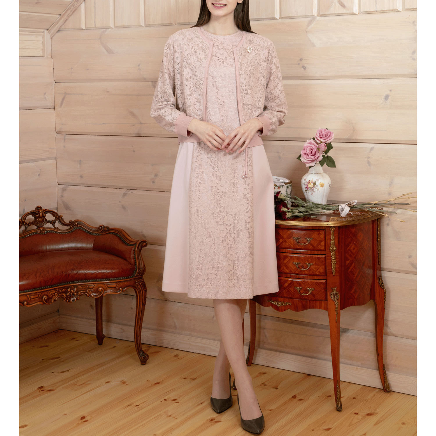 Super Beauty 前立て透かしレース切替ダンボールニット素材フレンチスリーブワンピース - 画像9