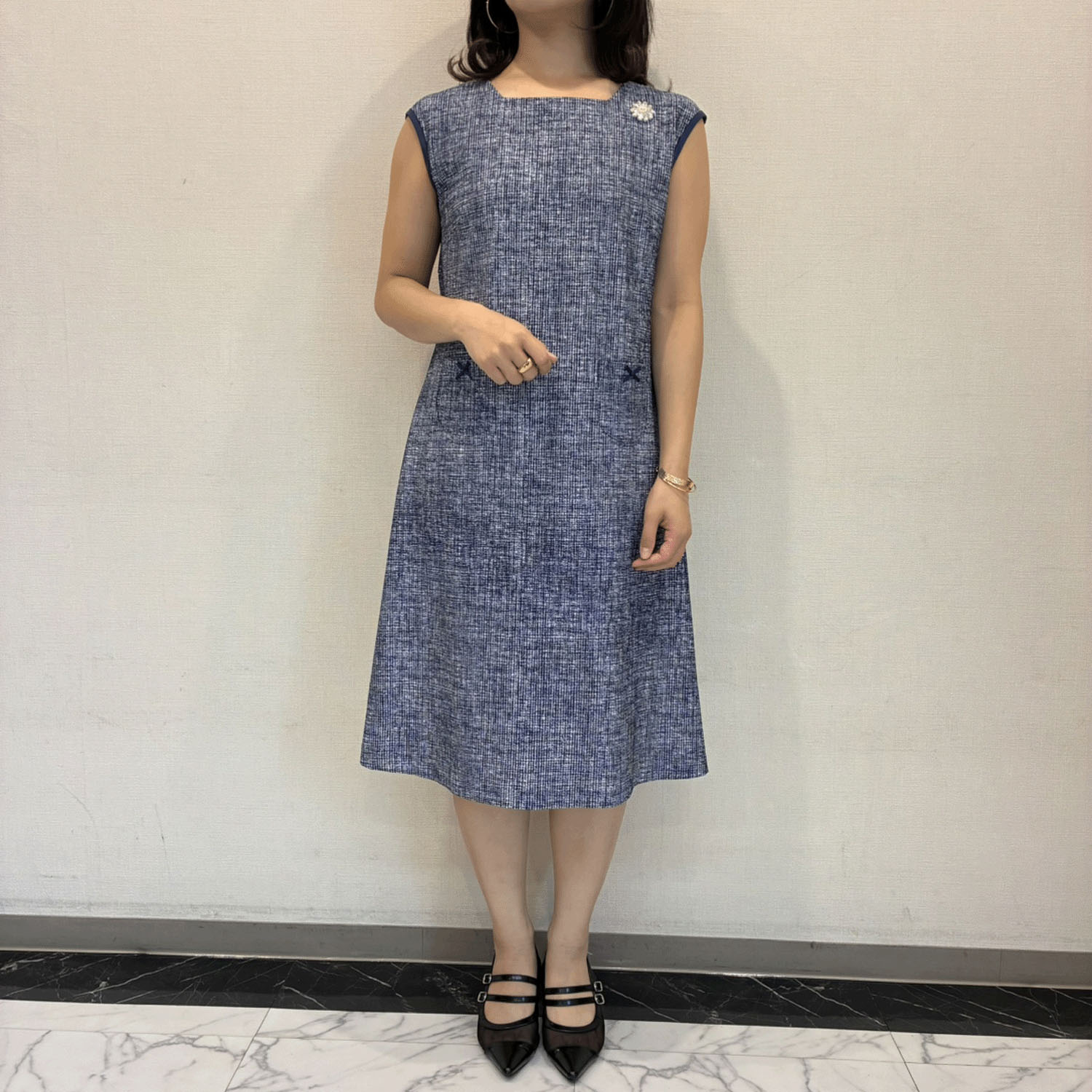 Super Beauty 転写プリント格子チェック柄スクエアネックフレンチスリーブワンピース - 画像3