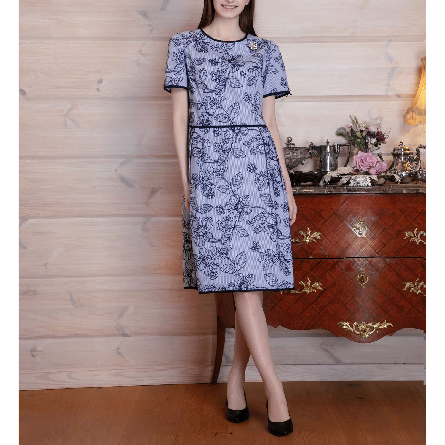 【4月中旬入荷予定】Super Beauty ストライプ柄×花フロッキープリント半袖ワンピース