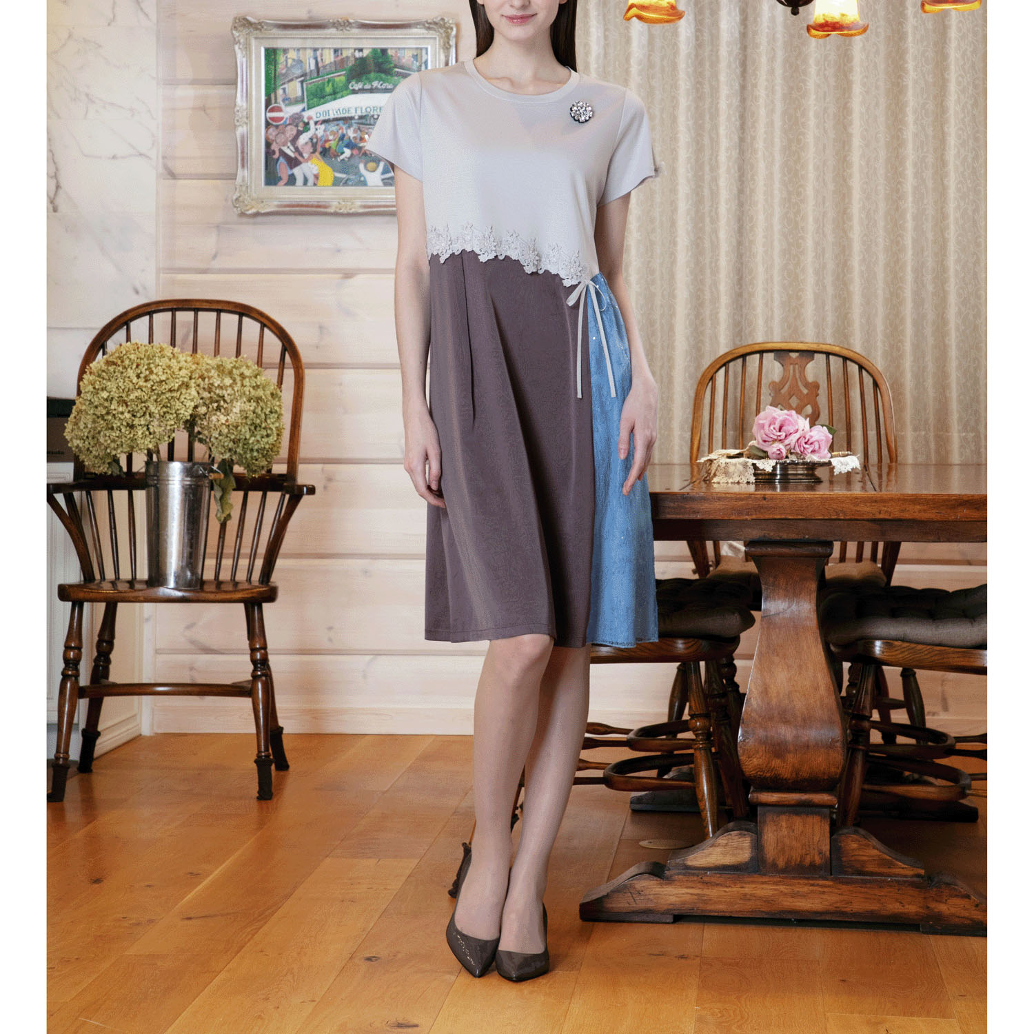 【4月中旬入荷予定】Super Beauty 異素材配色アシンメトリー切替ワンピース - 画像2