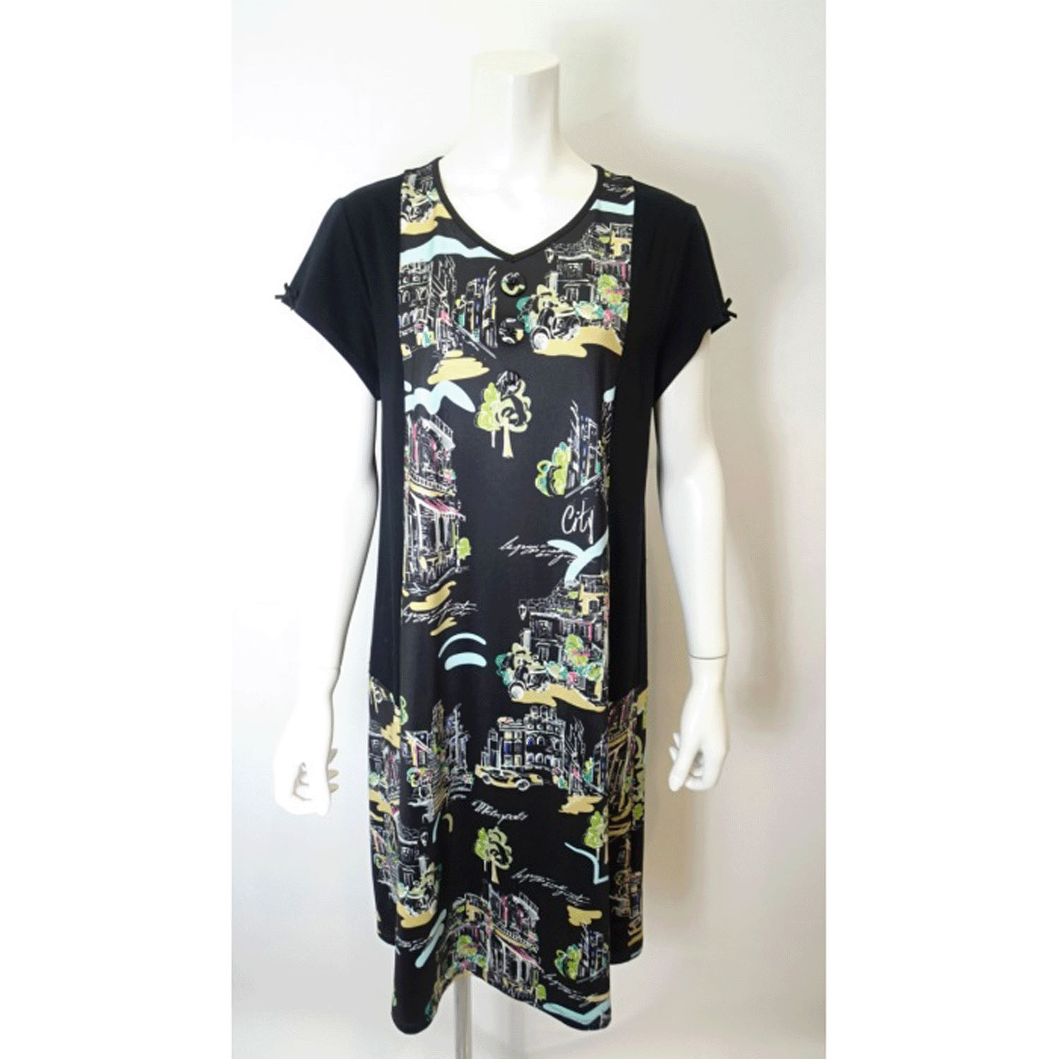 【4月下旬入荷予定】Super Beauty 街並み風景プリントVネック半袖ワンピース - 画像2