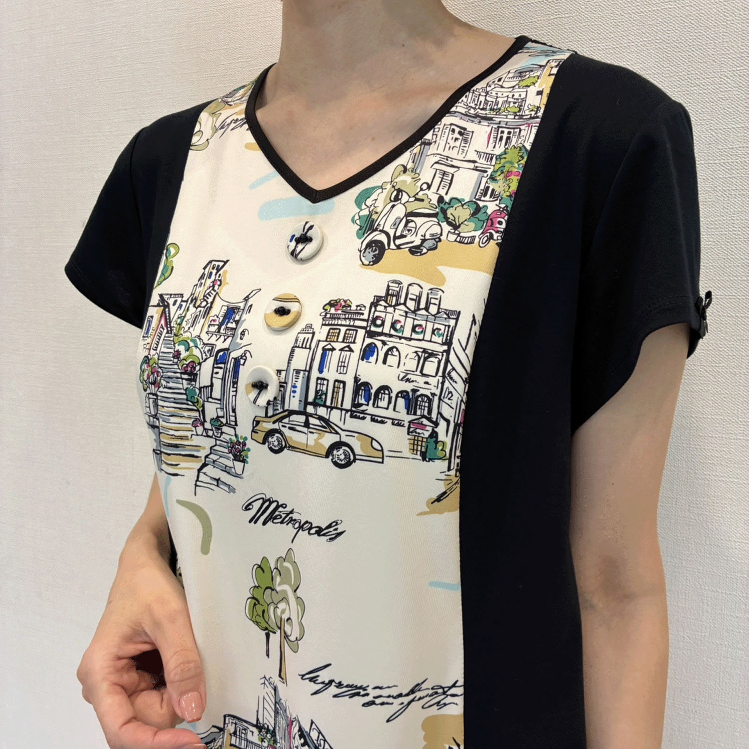 【4月下旬入荷予定】Super Beauty 街並み風景プリントVネック半袖ワンピース - 画像12