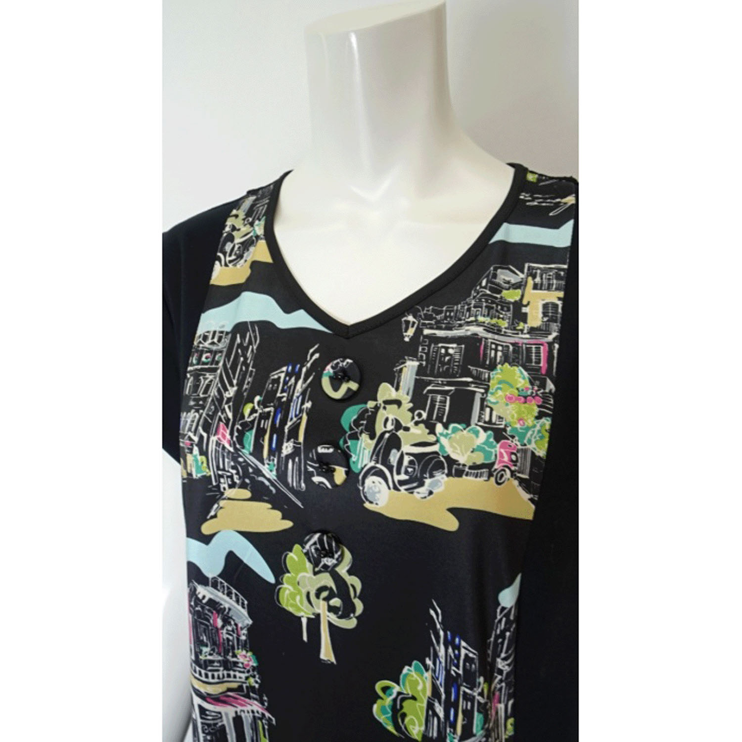 【4月下旬入荷予定】Super Beauty 街並み風景プリントVネック半袖ワンピース - 画像5