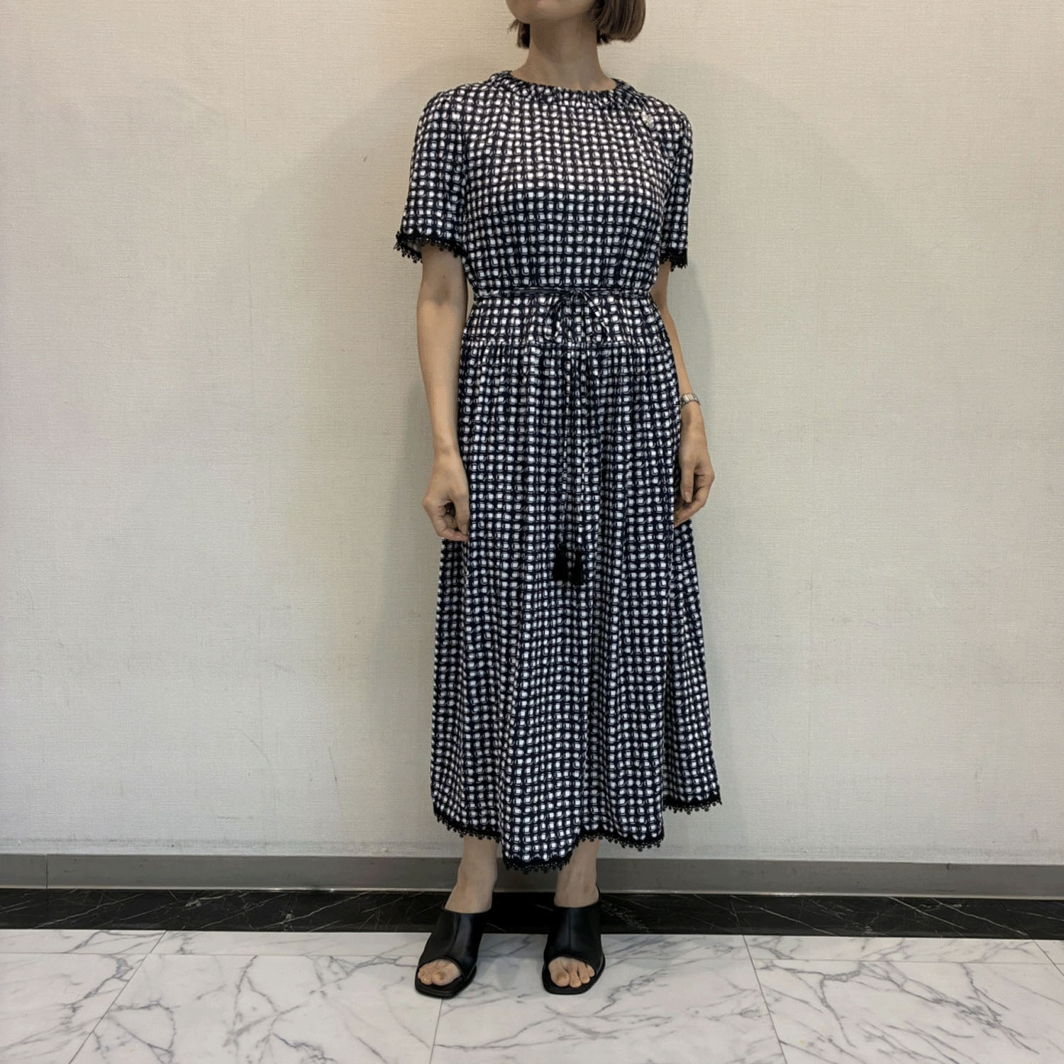 Super Beauty 衿ギャザーデザインドット系プリント半袖ワンピース