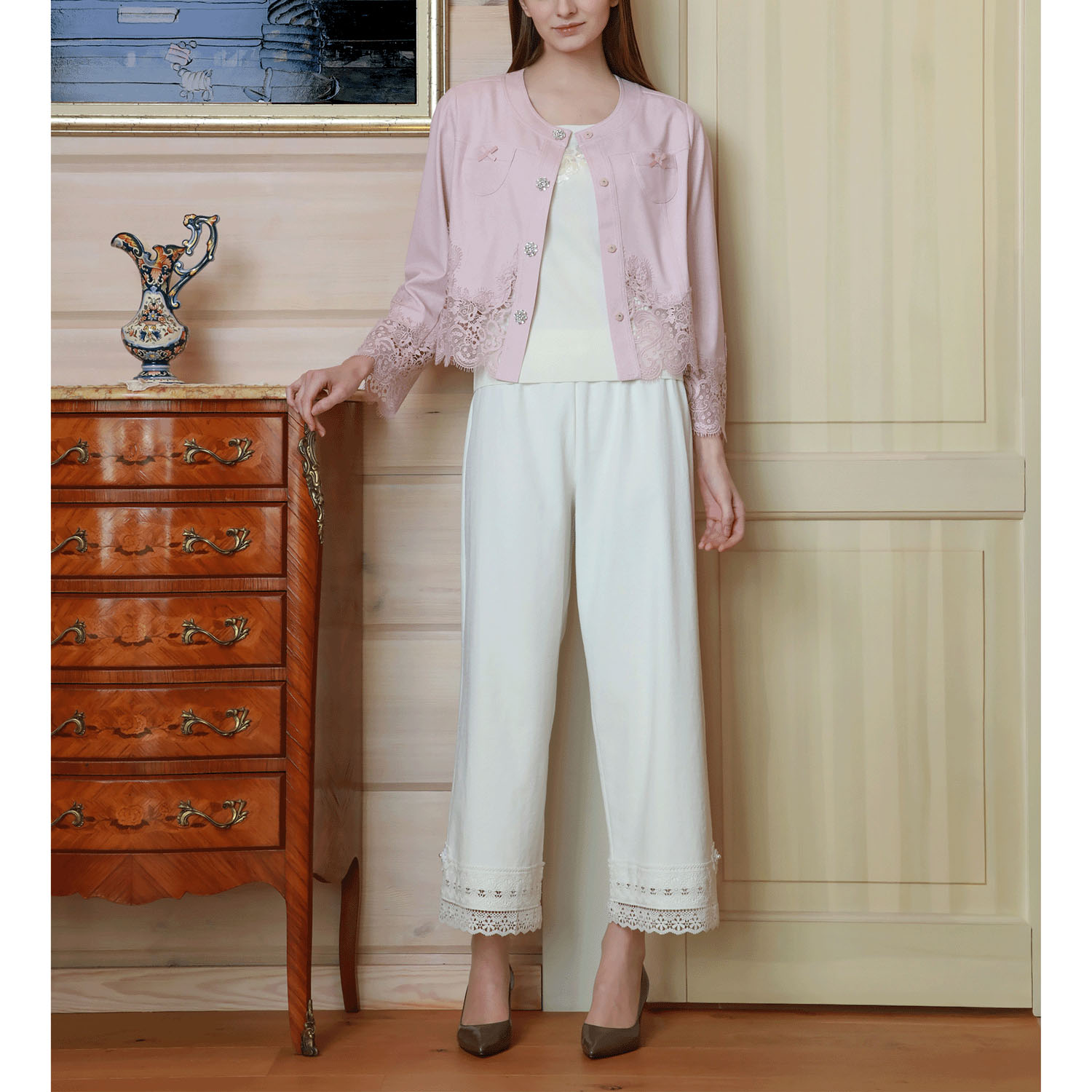 Super Beauty 裾レース切替転写素材ノーカラージャケット - 画像10