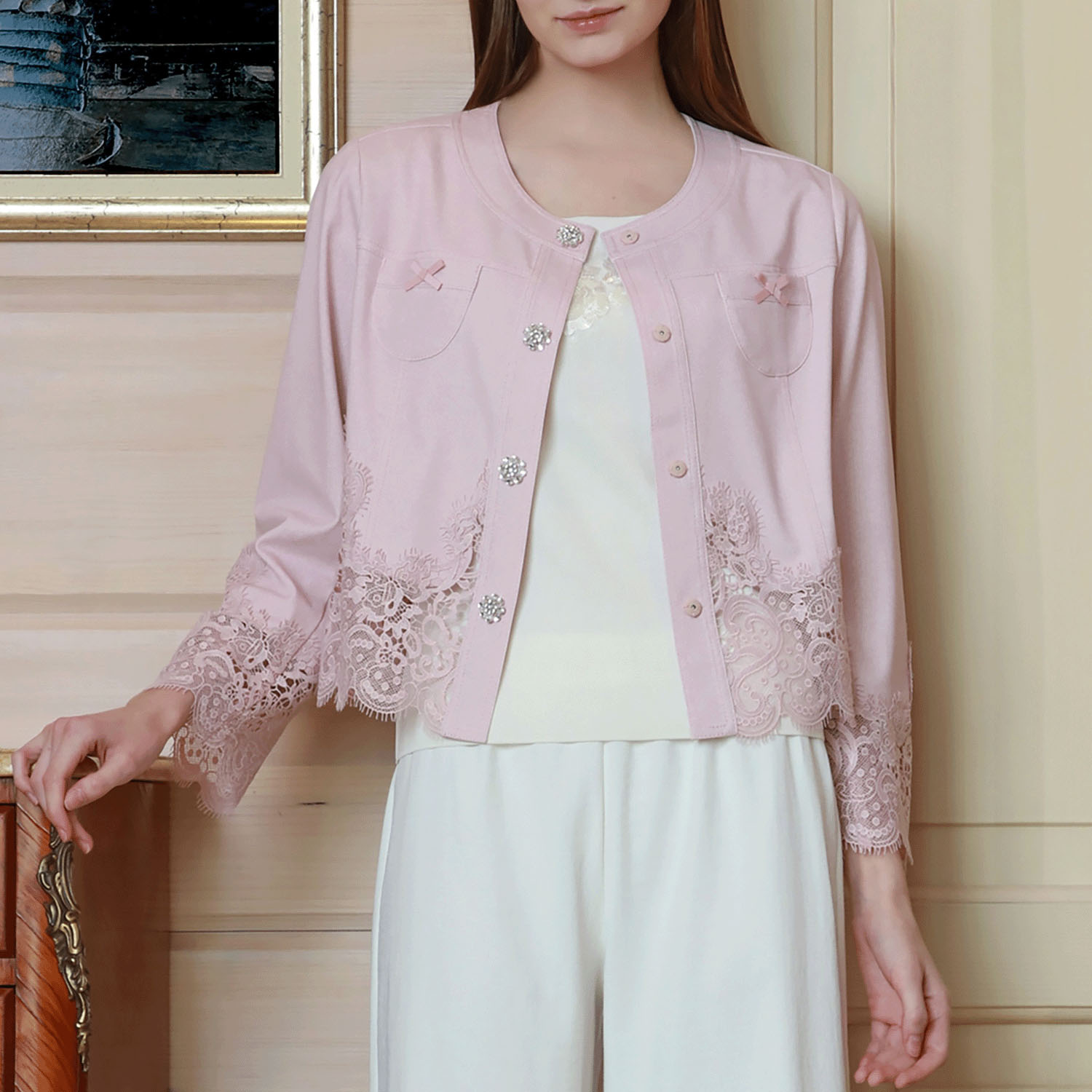 Super Beauty 裾レース切替転写素材ノーカラージャケット