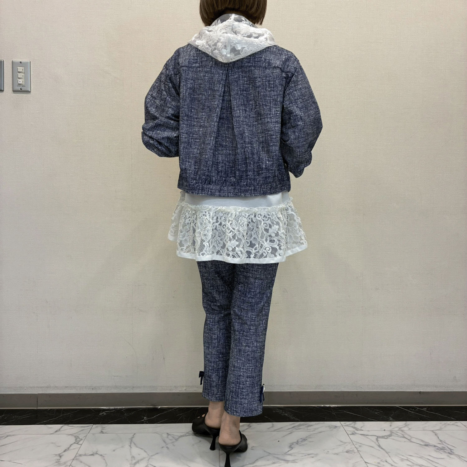 Super Beauty ジュエルボタン格子チェック柄プリント フード着脱式ジャケット - 画像11