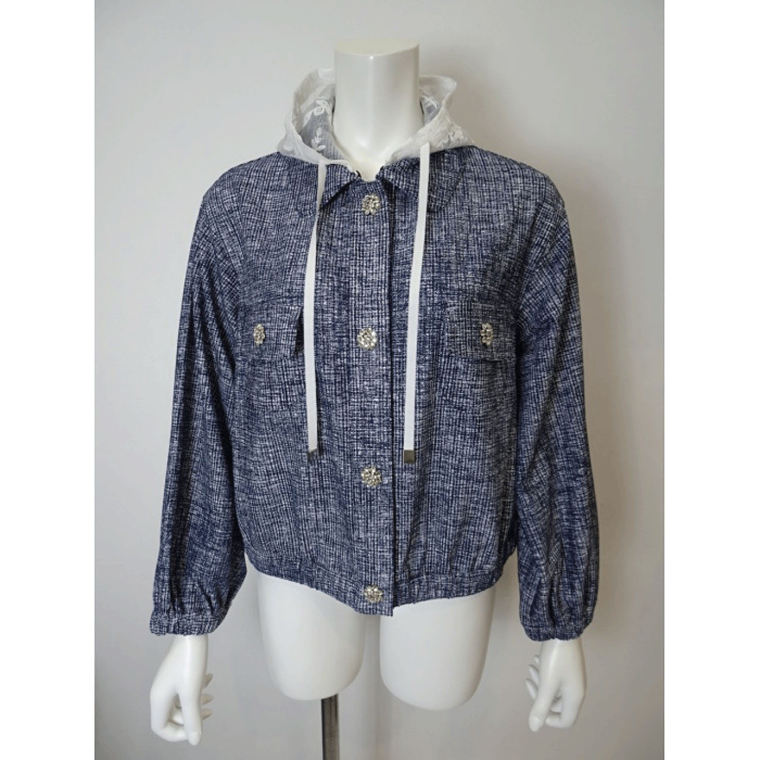 Super Beauty ジュエルボタン格子チェック柄プリント フード着脱式ジャケット - 画像12