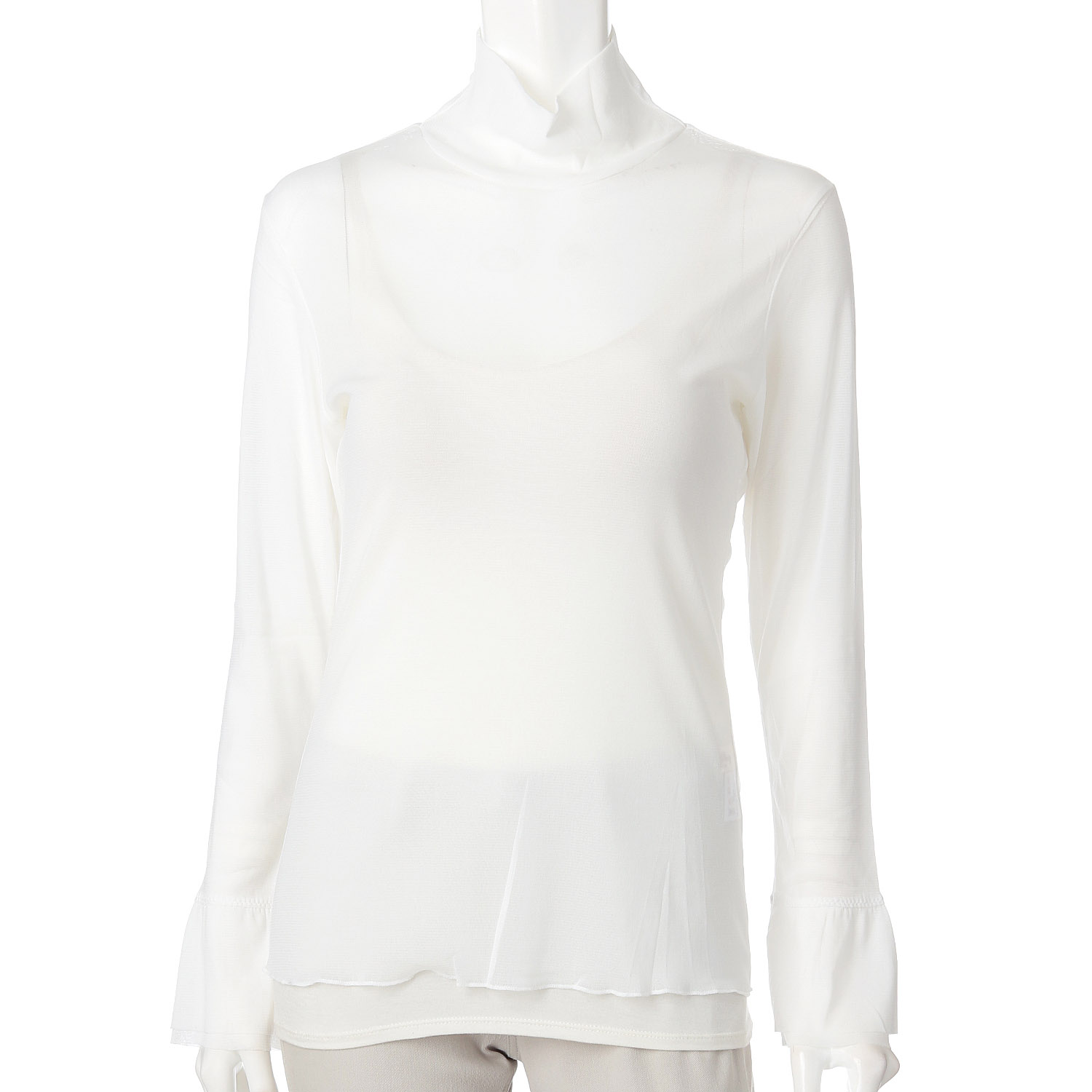 Super Beauty 袖先リボン使いハイネックパワーネットトップス