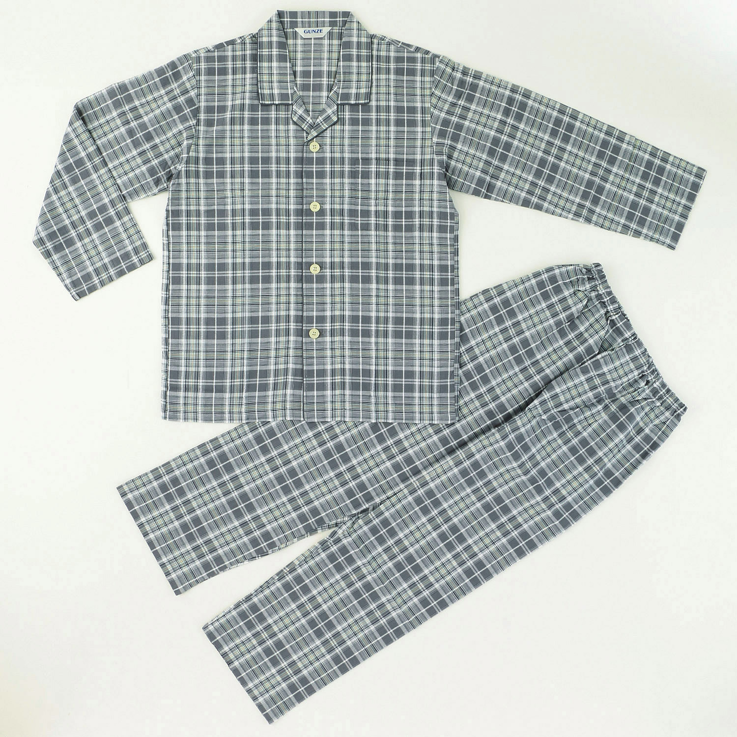 GUNZE 紳士 綿100％ 先染サッカー格子柄長袖長パンツ パジャマ - 画像2