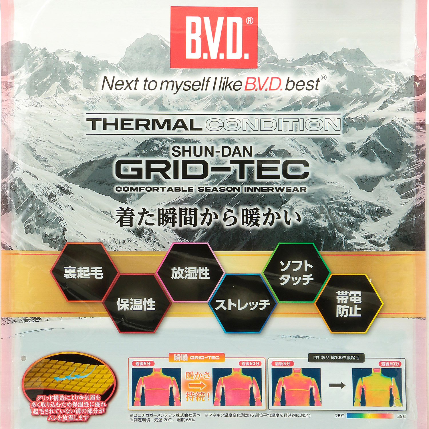 BVD メンズ 瞬暖グリッドテック 丸首長袖Tシャツ - 画像5