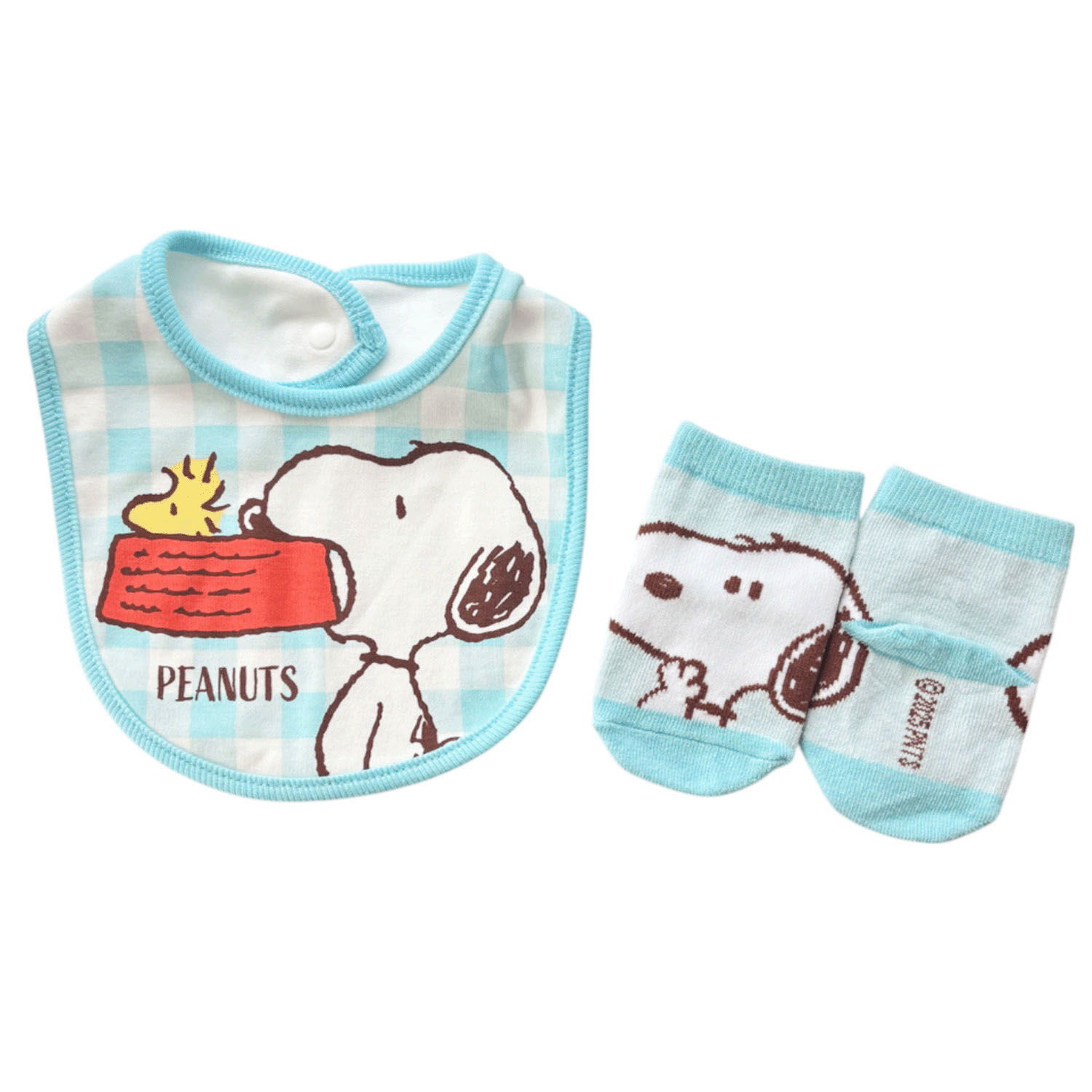 ビブとソックスのベビーセット スヌーピー チェック