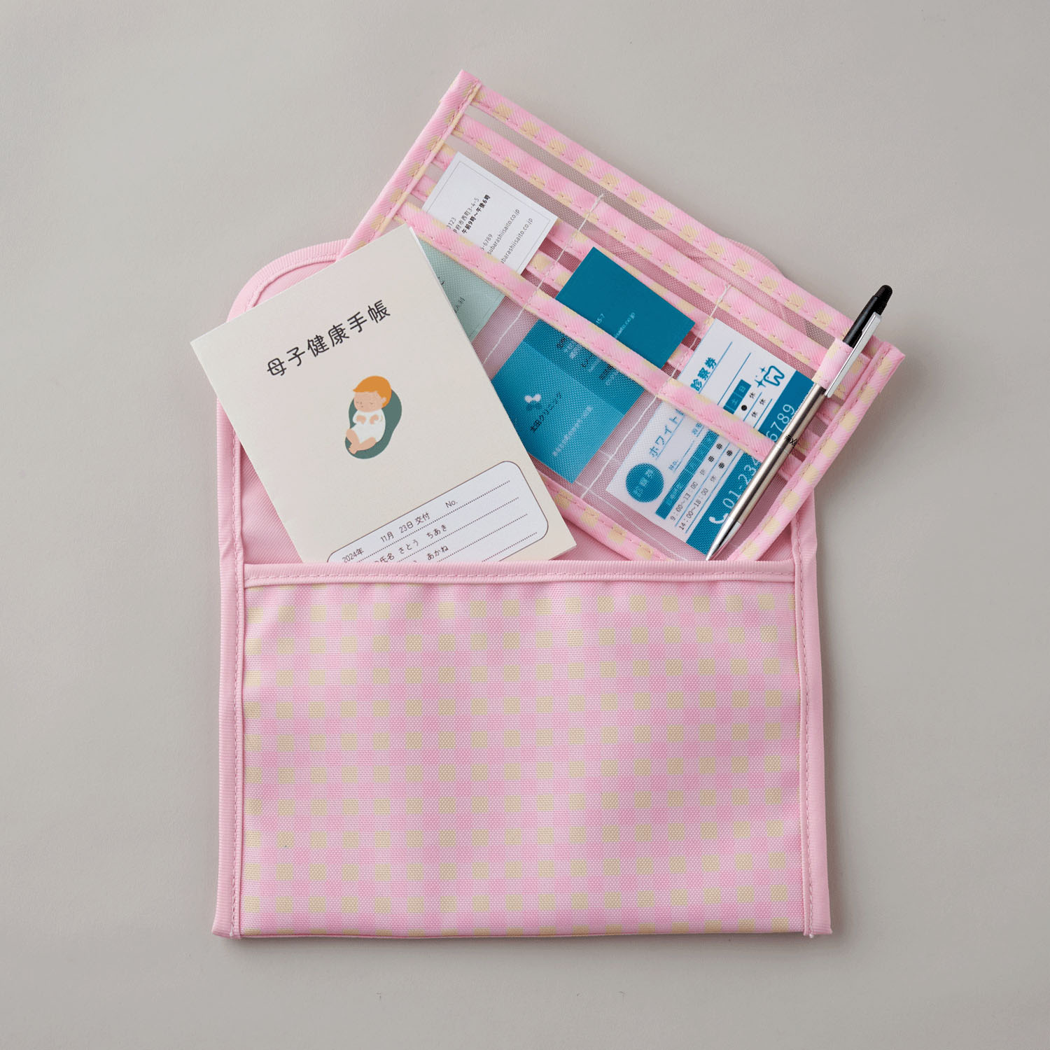 ギンガムチェックの母子手帳ケース ピンク - 画像3