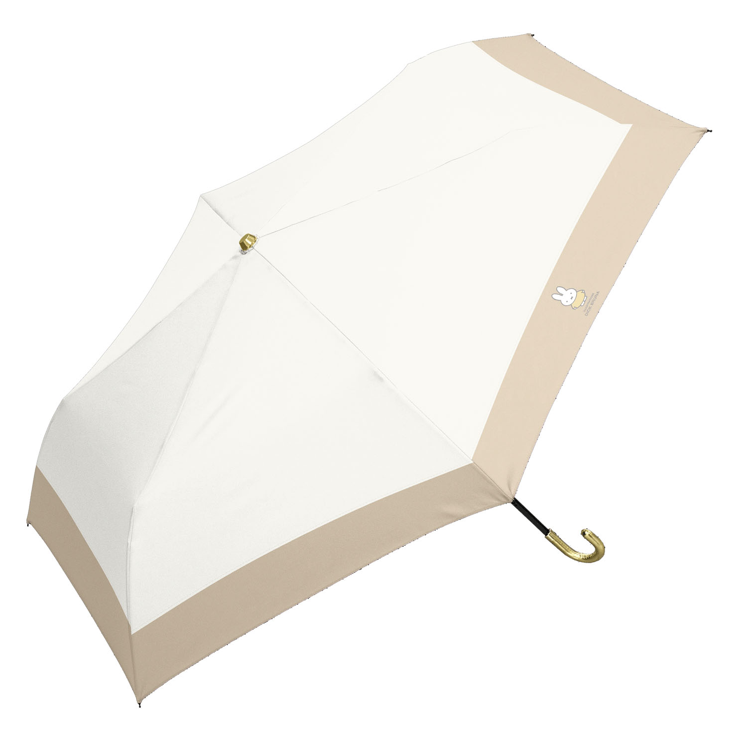 ミッフィー 晴雨兼用コンパクト折りたたみ傘 レザーハンドル 白×ベージュ 切り継ぎ